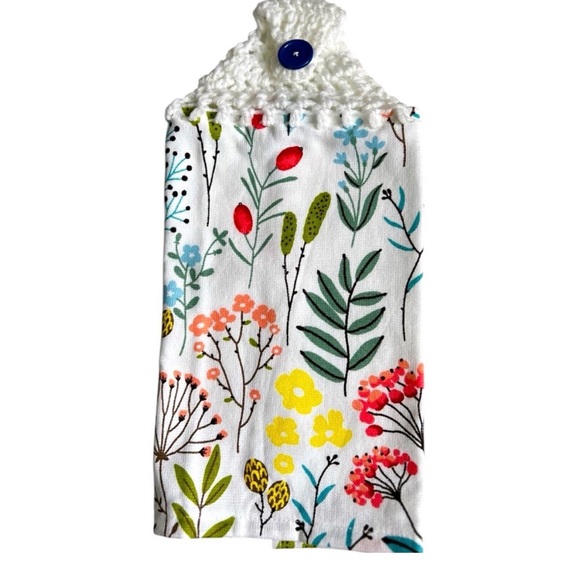 Hand Crafted Botanical Kitchen Towels with Crochet Top - Red, Yellow, Green - Picture 6 of 7